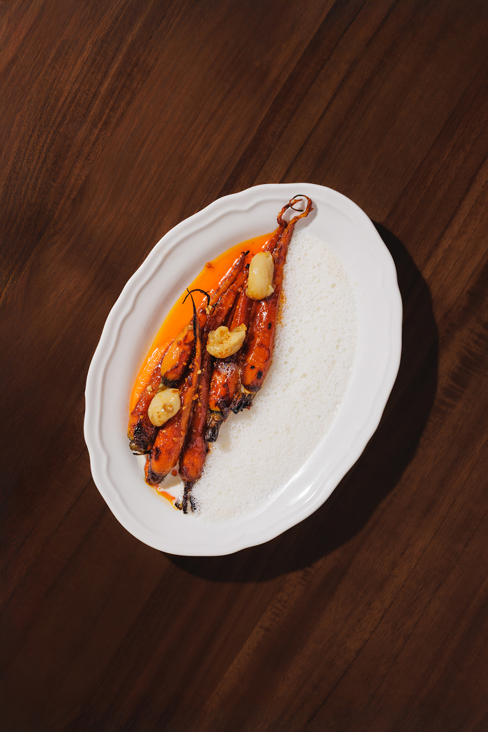 Wood Fired Carrots, Garlic confit, Pollen