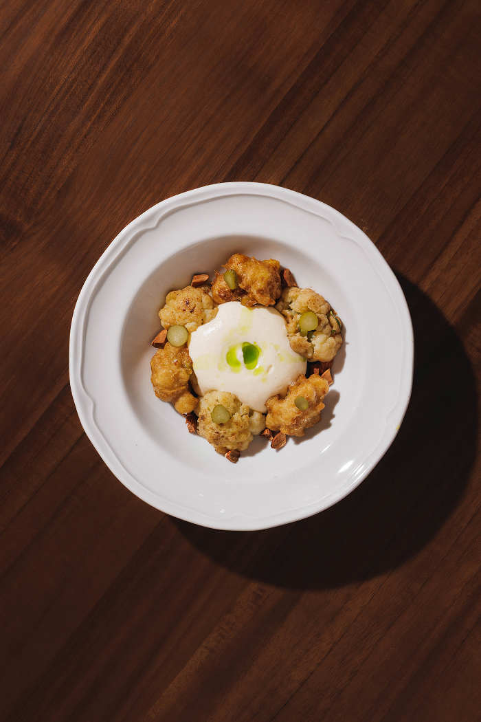 Wood fired Cauliflower, Tempura, Miso and Pesto